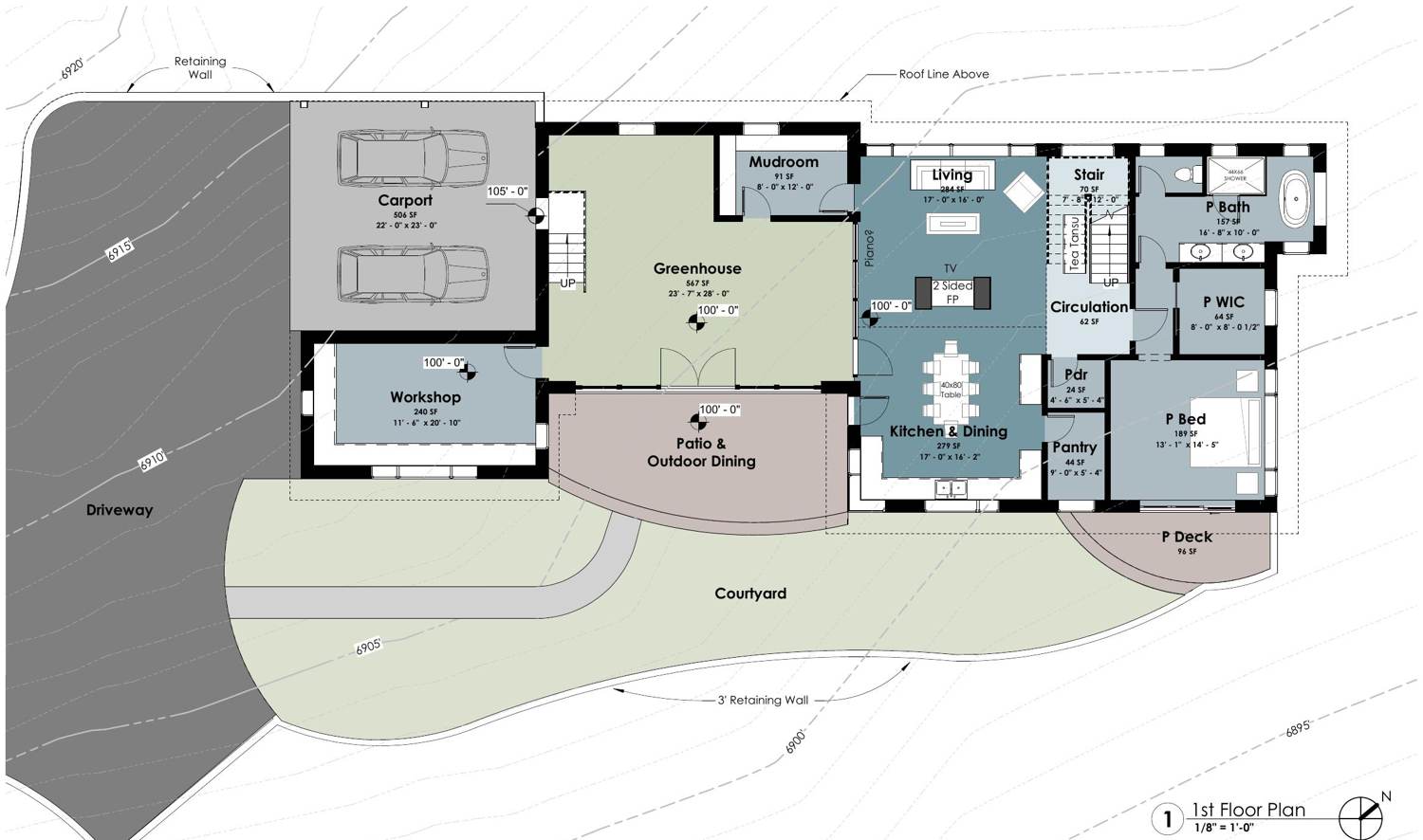 Color first-floor plan: greenhouse, kitchen and dining, living room with two-sided fireplace, primary suite, mudroom, workshop, carport, courtyard