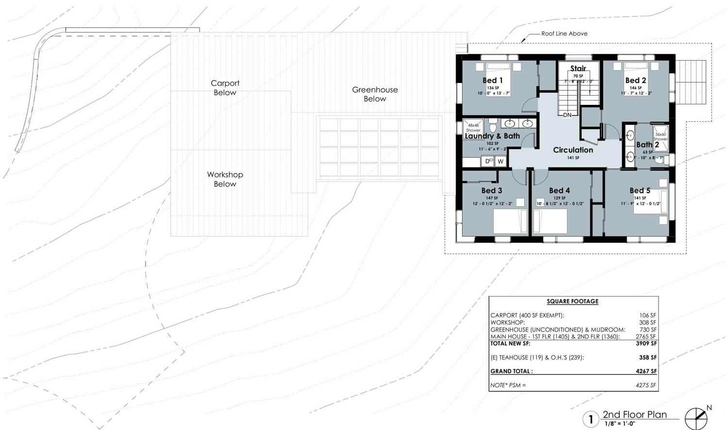 Color second-floor plan: five bedrooms, two baths, laundry, and the square-footage table