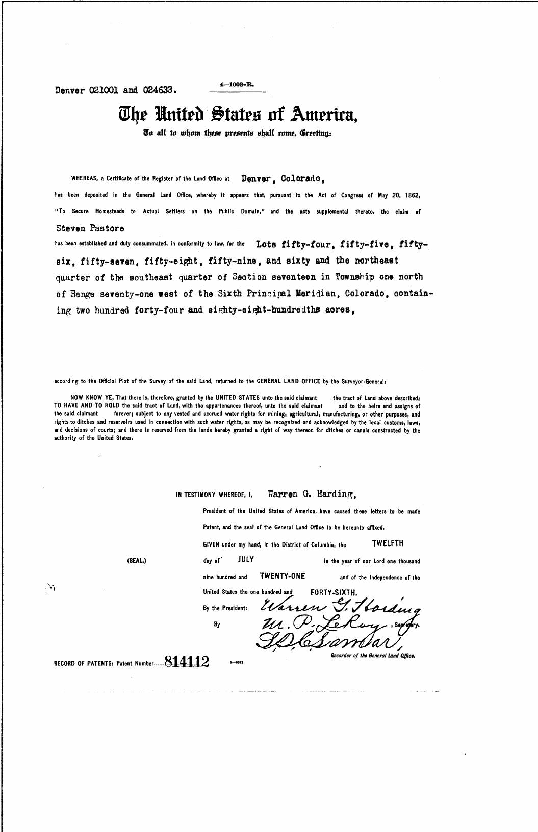 The 1921 federal land patent document granting 244.88 acres to Steven Pastore, signed under President Harding
