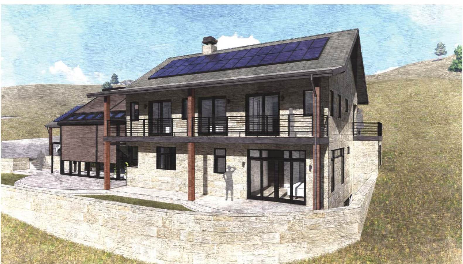 Architect's rendering: three-quarter view of the stone house with balconies and rooftop solar