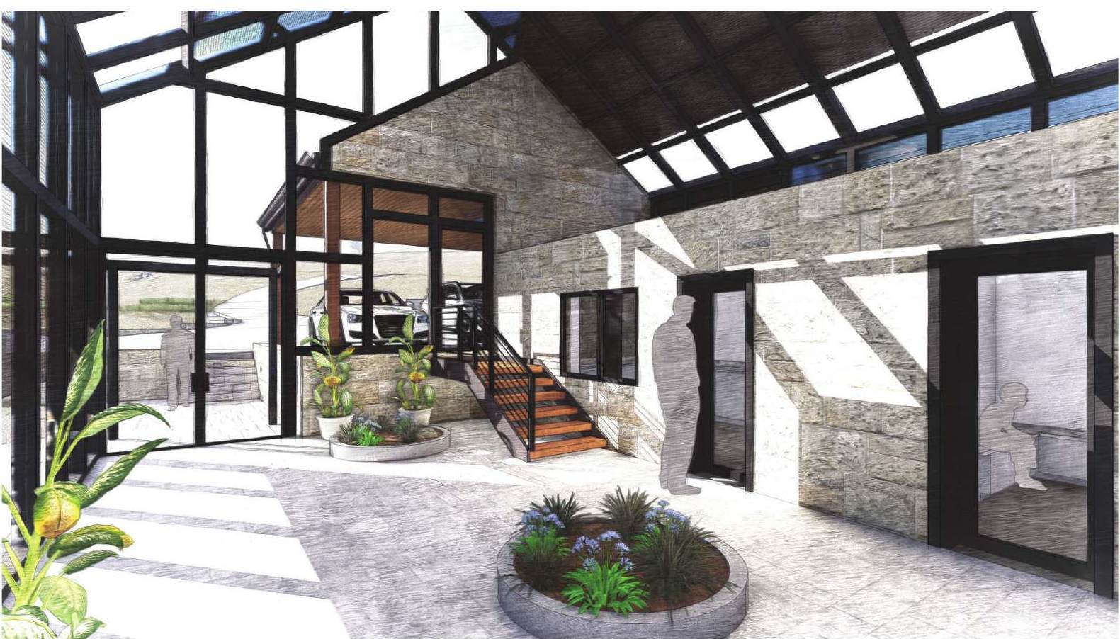 Architect's rendering: inside the glass conservatory entry with planted beds and stair