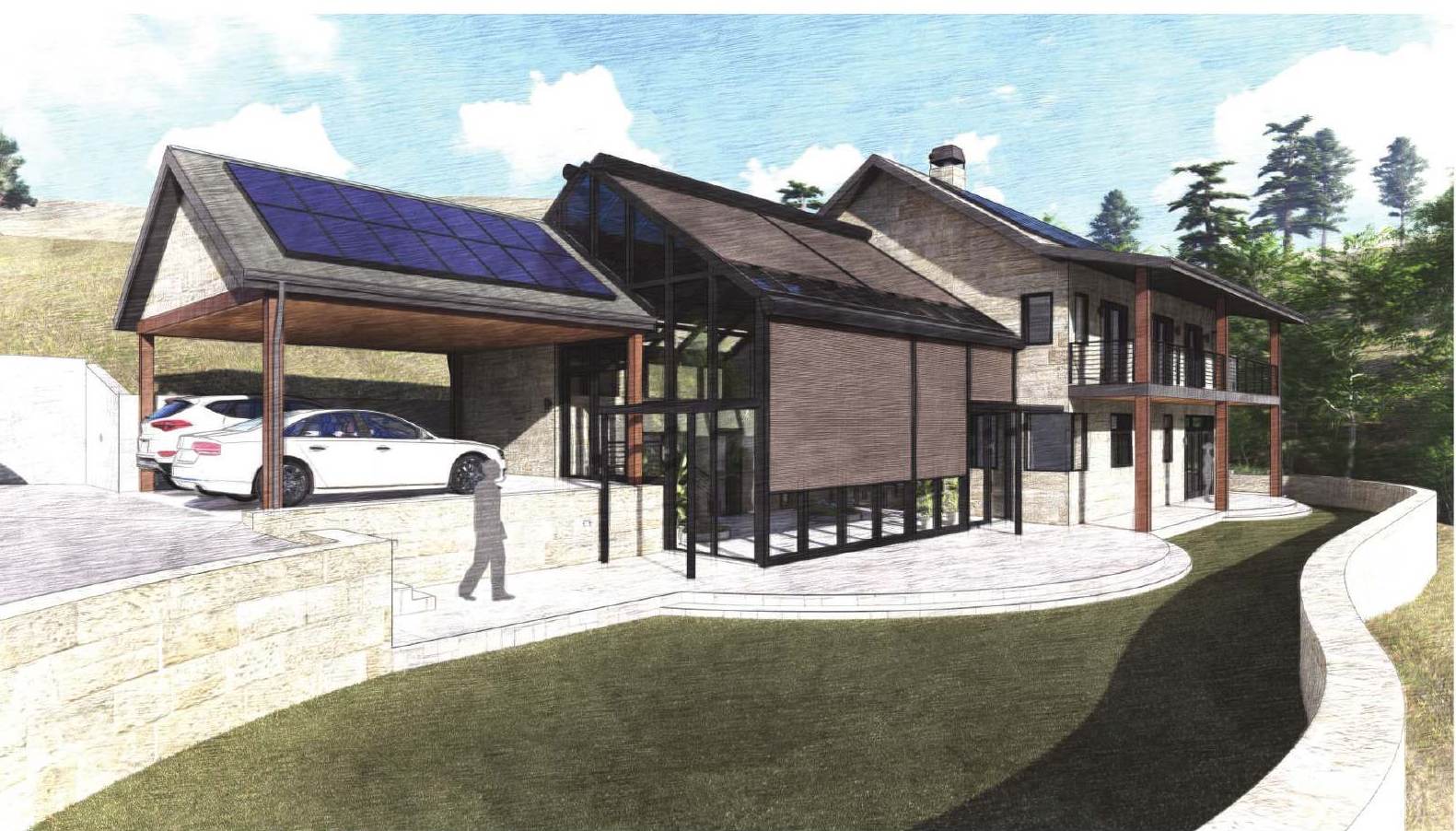 Architect's rendering: solar carport, glass conservatory entry, and two-story stone house from the lawn