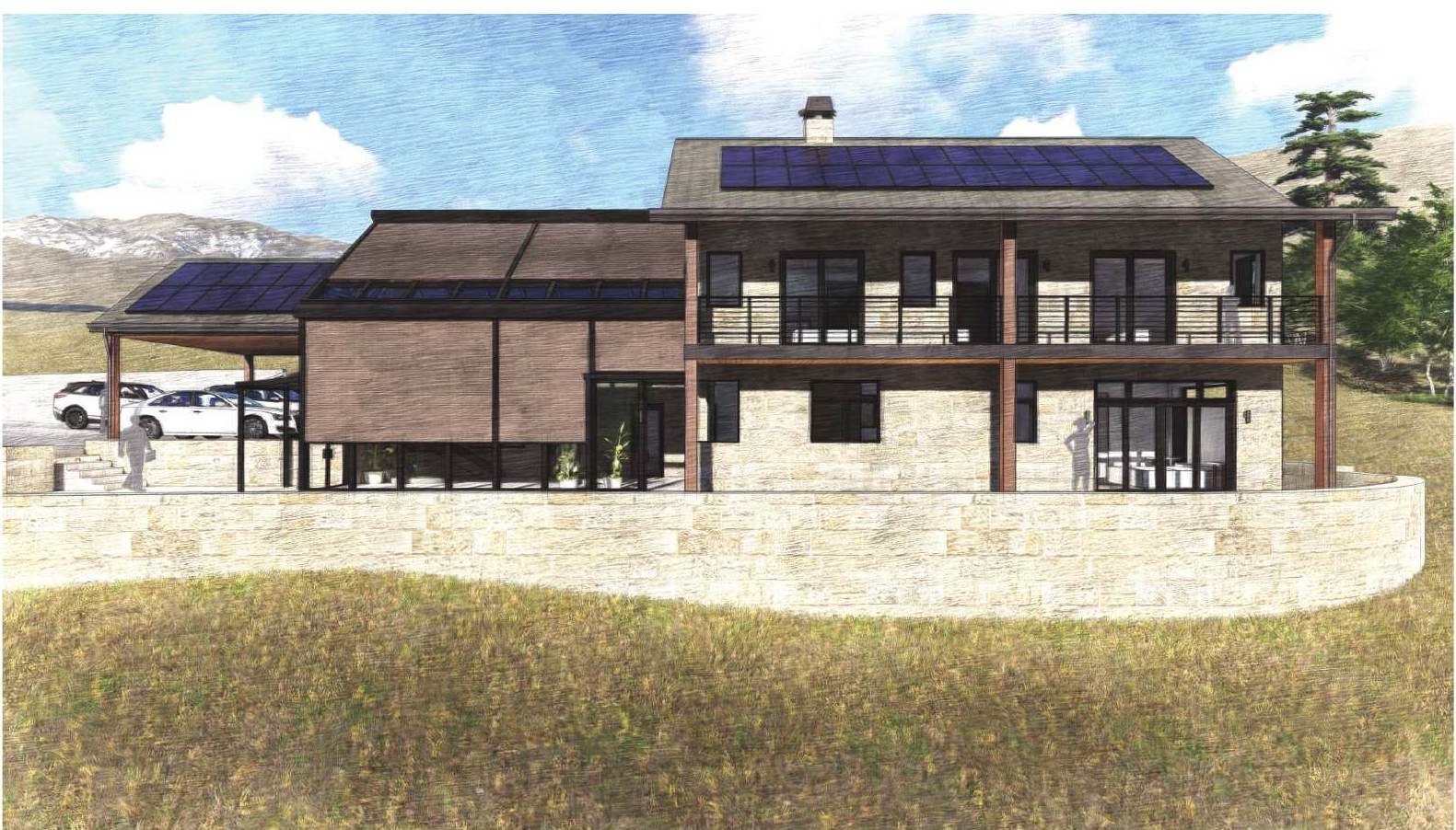 Architect's rendering: the long elevation over the curved sandstone terrace wall, mountains behind