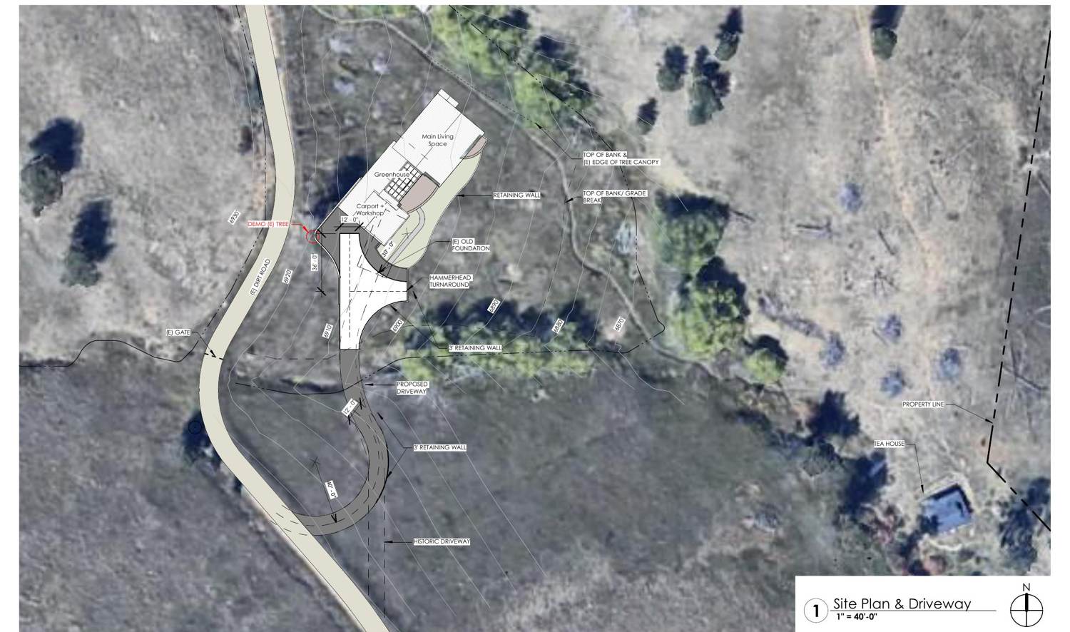 Site plan over an aerial photo: the approved house, driveway with hammerhead turnaround, historic driveway, property line, and the teahouse across the meadow