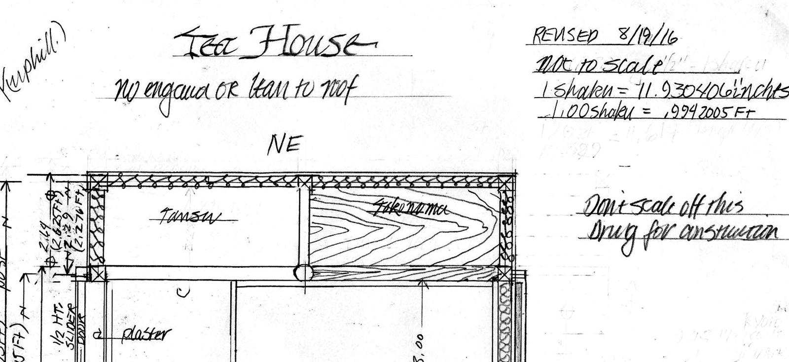Detail of the hand-drawn teahouse plan: the title Tea House in hand lettering, the shaku conversion note, and the tokonoma corner drawn with wood grain