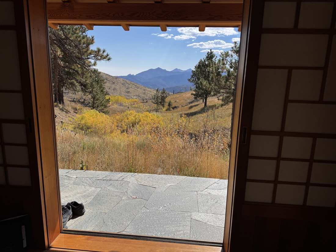 View from inside the teahouse through the shoji-framed doorway, across the stone engawa to golden meadows