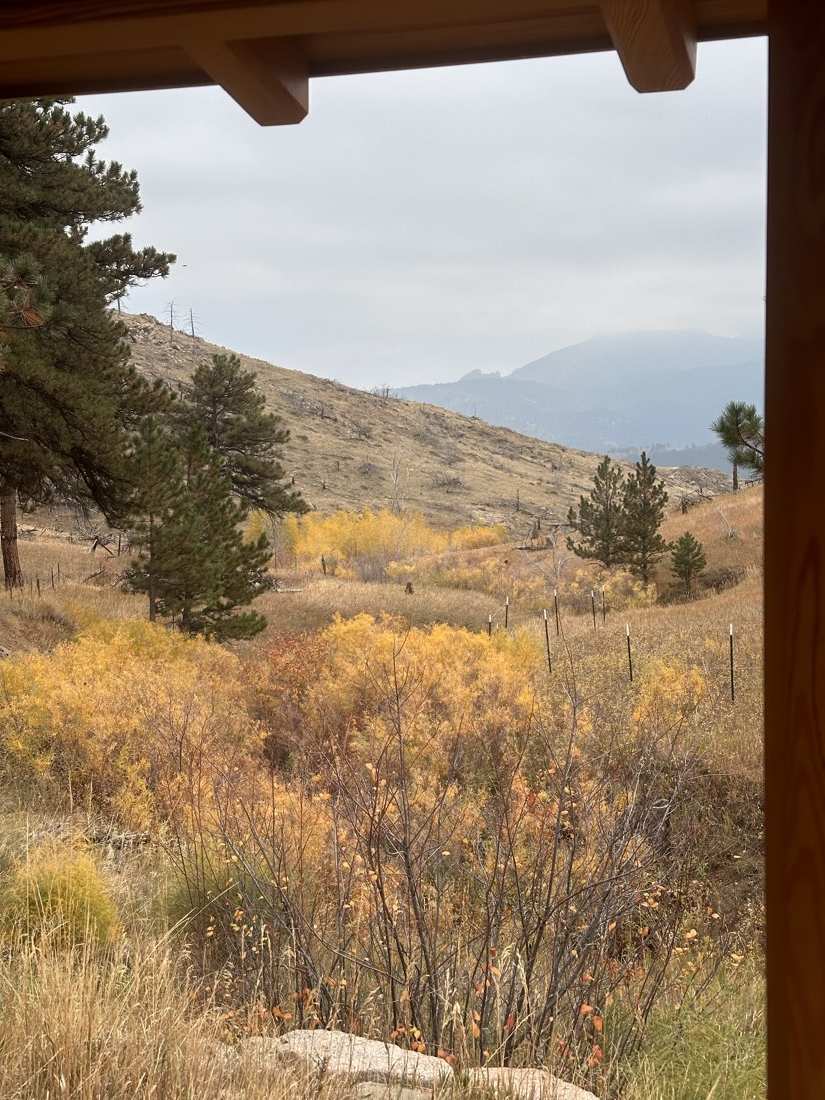 Autumn meadow and misted peaks framed from the teahouse porch